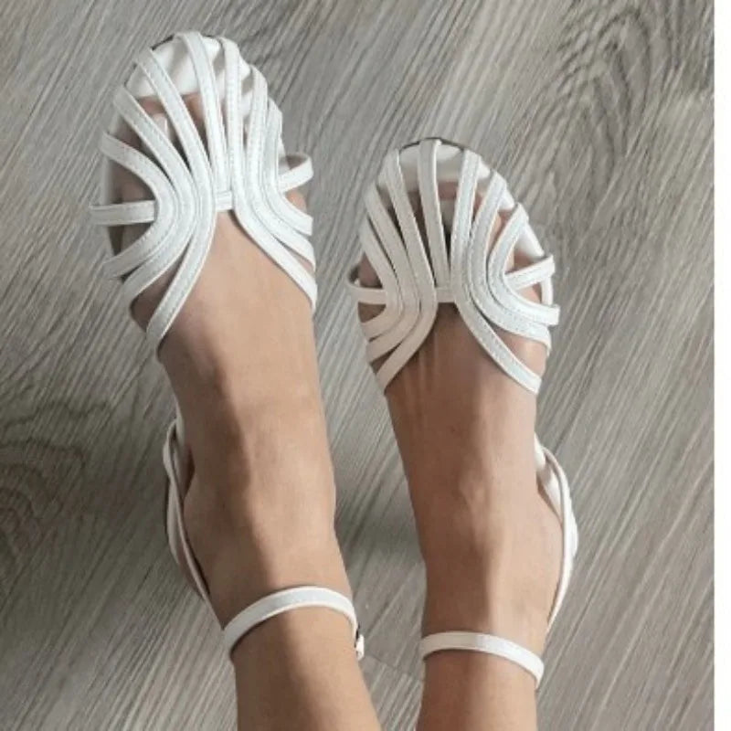 Sandals for Women Summer 2025 Flat Sandals Fish Mouth Ankle Buckle Hollowed Out Women Roman Sandals Plus Size 42 43 Ladies Shoes Zpaxo