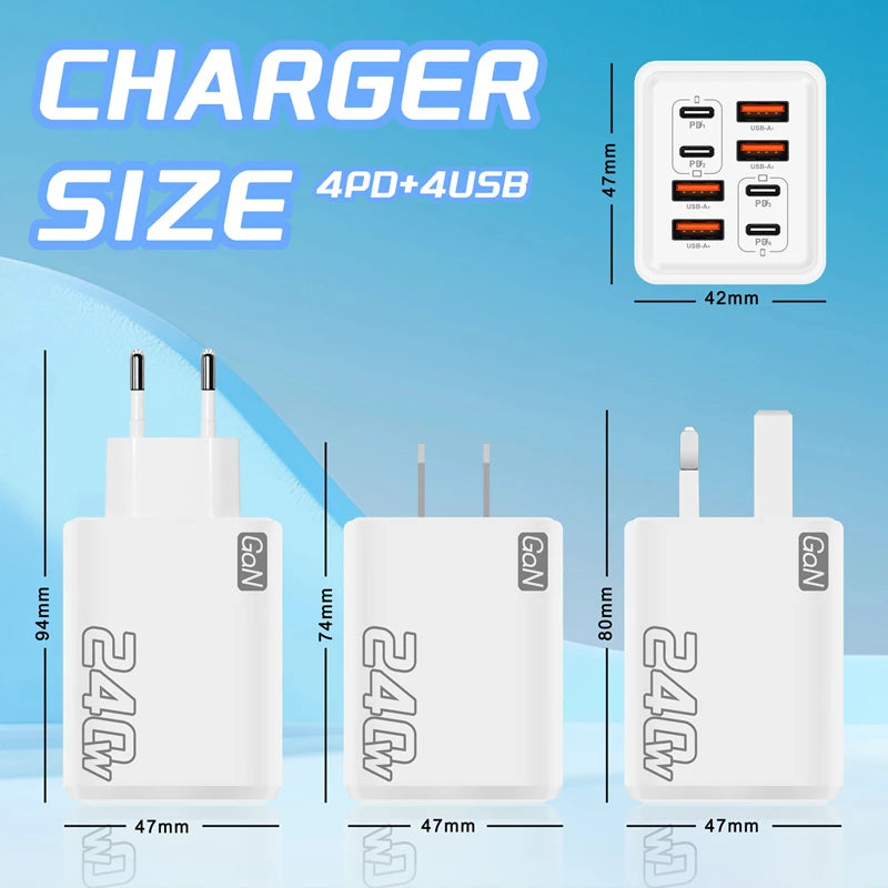 240W GaN USB C Charger 8 in 1 Fast Charging Phone Charger Power Adapter For iPhone Samsung Xiaomi Type C EU/US Plug Wall Charger Zpaxo