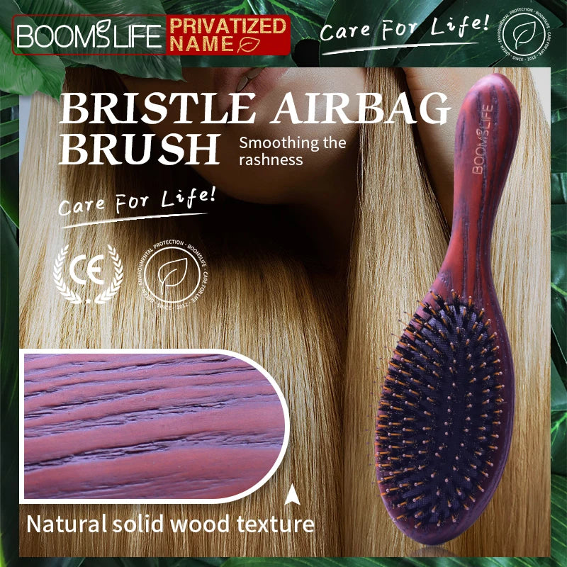 Boar Bristle Hair Brush Women Custom Name Detangling Hairbrush Hair Style Wood Comb Wet Dry Hair Scalp Brosse A Cheveux Bebe Zpaxo