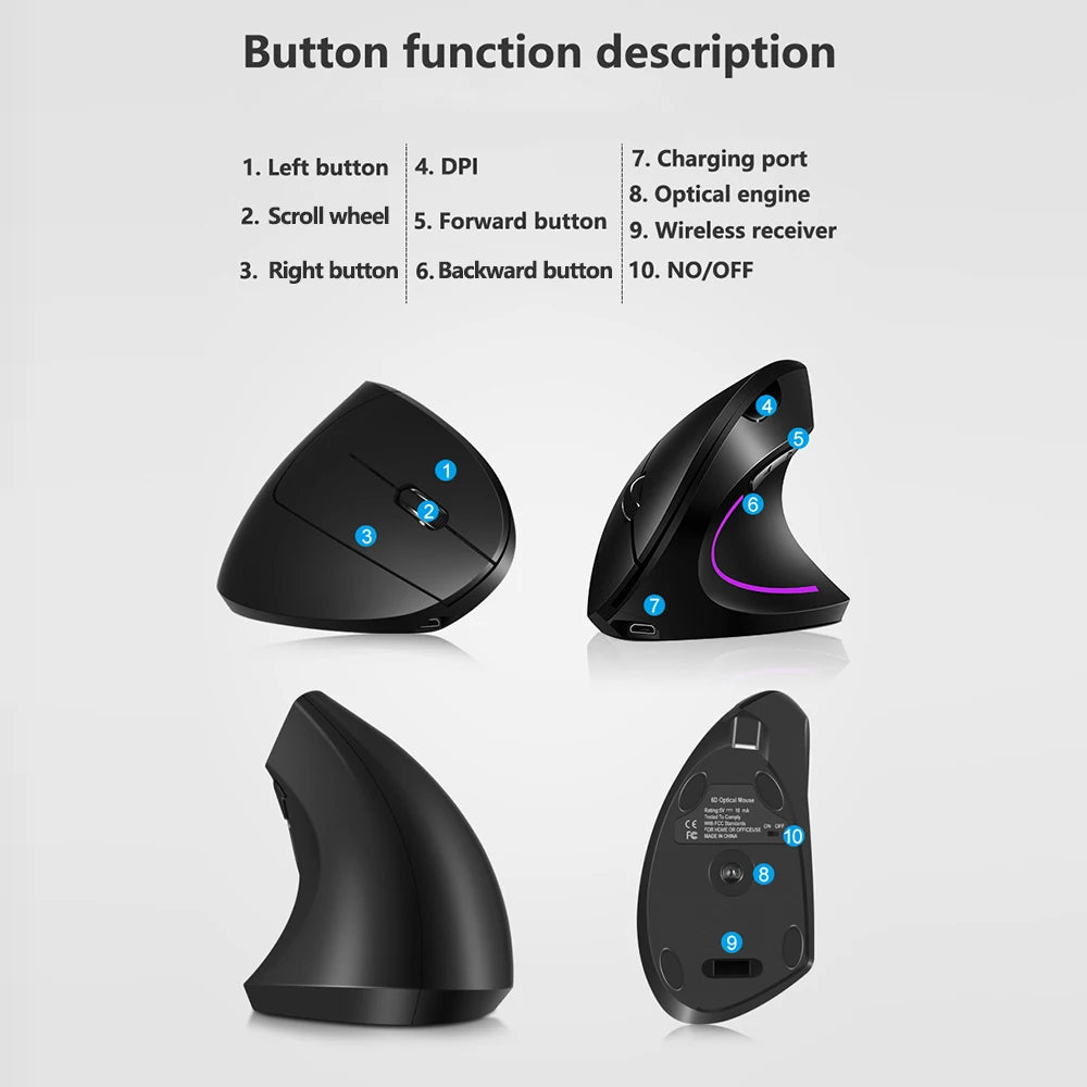 2.4G Wireless Vertical Mouse Rechargeable Upright Ergonomic Mouse 3 Adjustable DPI Levels RGB Flowing Light Plug N Play Zpaxo