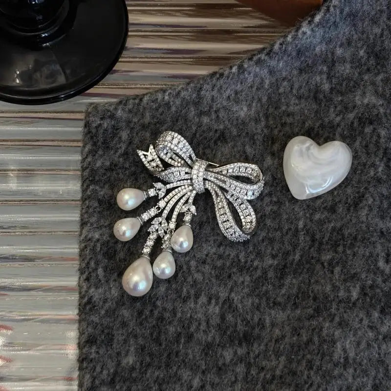 Handmade Luxury Zircon Pearl Bowknot Tassel Pin Stunning Brooch Zpaxo