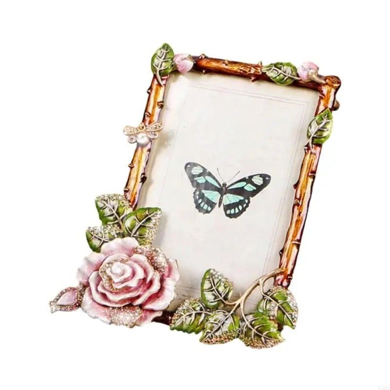 Antique Enamel Floral Bird Photo Frame Rhinestones Accent Tabletop