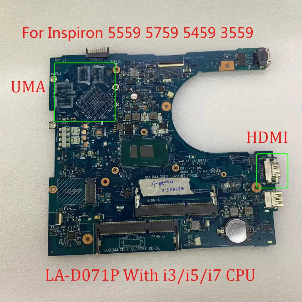 Dell Inspiron 3559 5459 5759 5559 AAL15 LA-D071P Working Motherboard