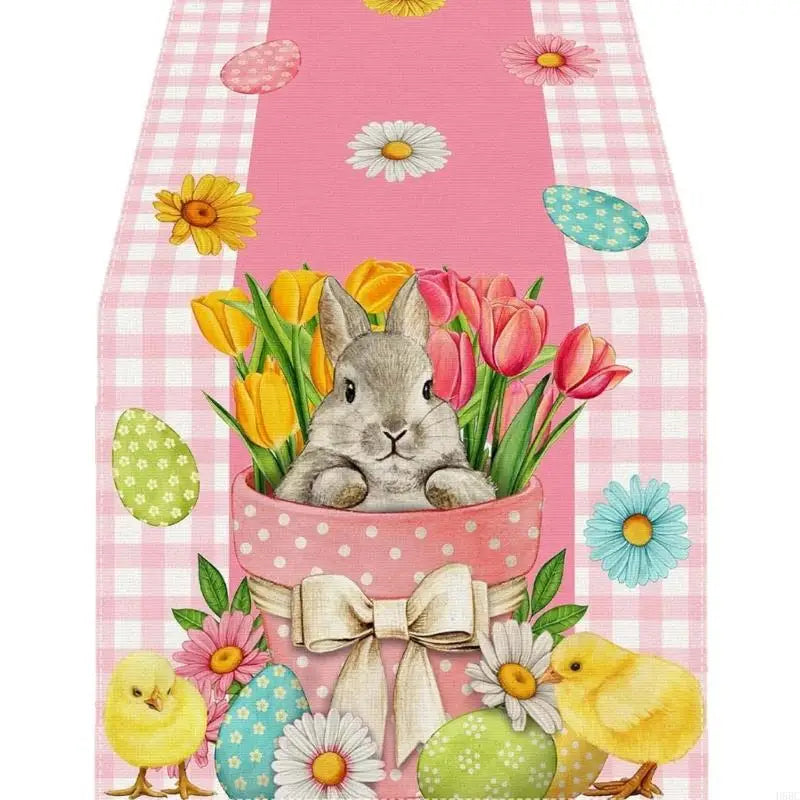 Linen Table Cover Colorful Bunnies Eggs Print Easter Spring Washable