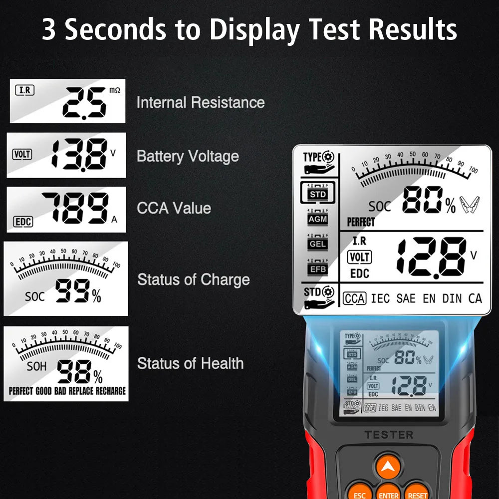 12V 24V Car Motorcycle Battery Tester SOH SOC CCA IR Measurement
