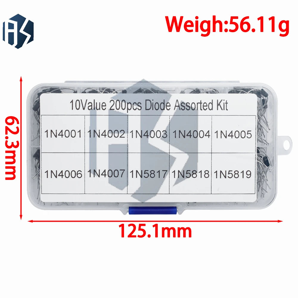 200Pcs 10 Types Rectifier Diode Kit 1N4001-1N4007 1N5817-1N5819 with Storage Box Zpaxo