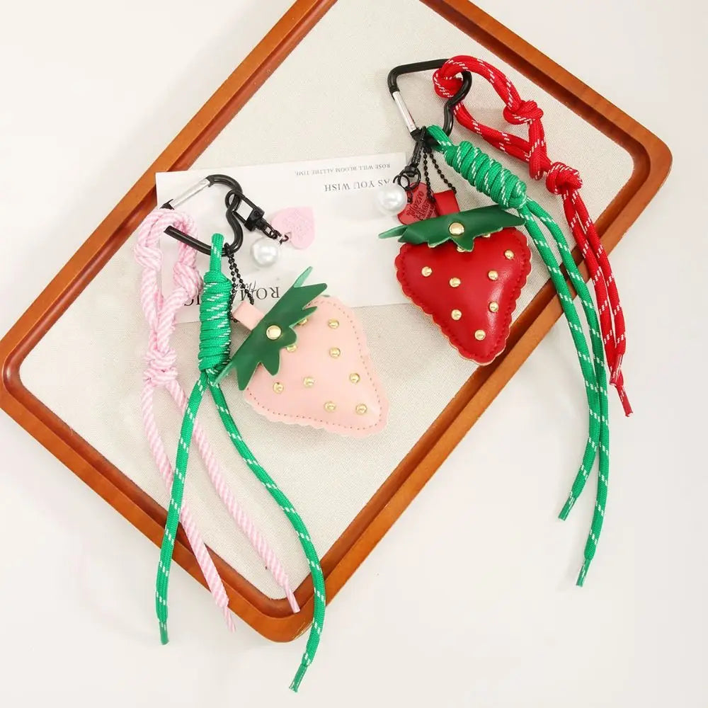 Woven Flower Strawberry Bag Pendant Cherry Backpack Accessories PU Leather Pendant Braided Rope Car Keyring Fruit Keychain Men Zpaxo