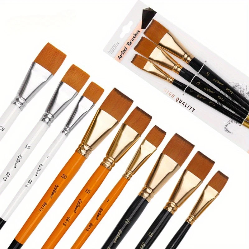 3pcs/Set Oil Painting Brushes-Wooden Mini Flat Nylon Paint Brush Set,Watercolor Brush for Body Painting Brush,Acrylic Art Paint Zpaxo