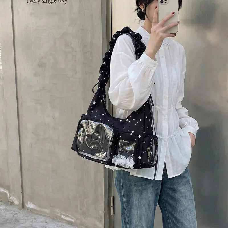 Women Canvas DIY Badge Crossbody Bag Zipper Cartoon Tote Handbag