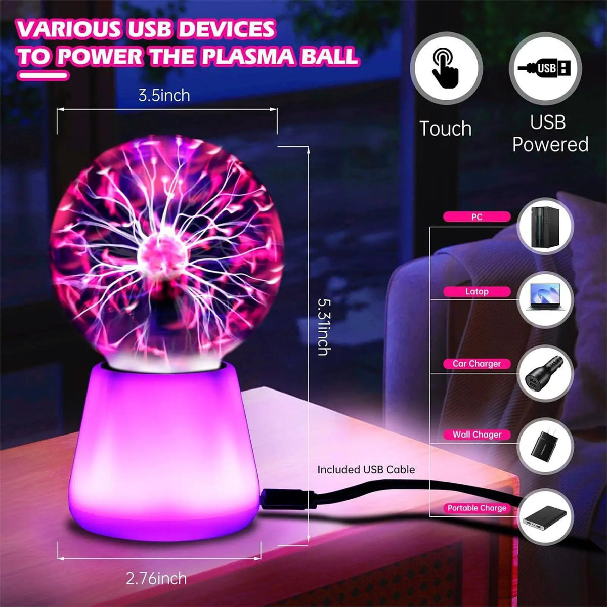 Plasma Ball Lamp Touch Sensitive 7 Changing USB Powered Night Light Zpaxo