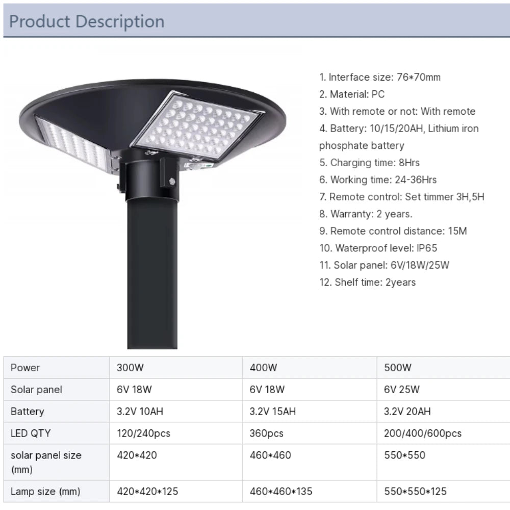 Solar Street Light 300W 400W 500W Waterproof Yard Lamp PIR Motion Sensor Garden Outdoor UFO Lighting with Remote Zpaxo