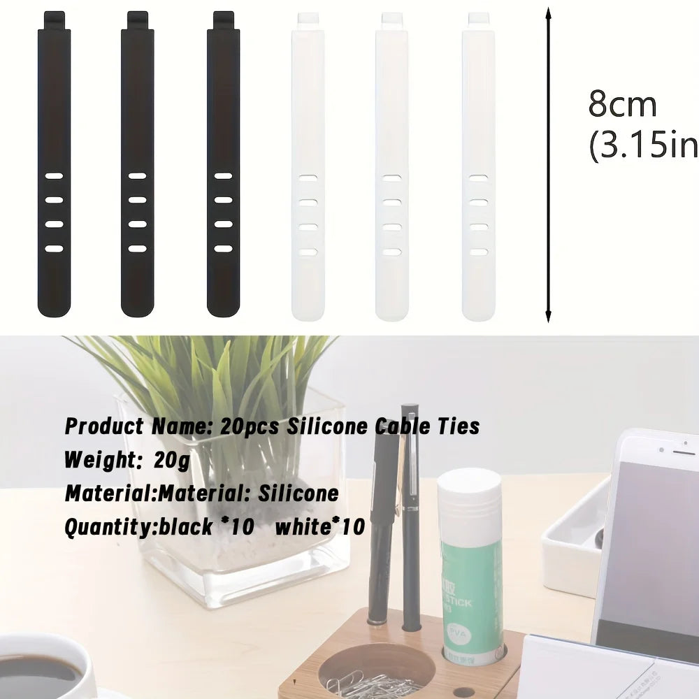 Silicone Harness Wire Strap Black White 4-Hole Elastic Cable Tie