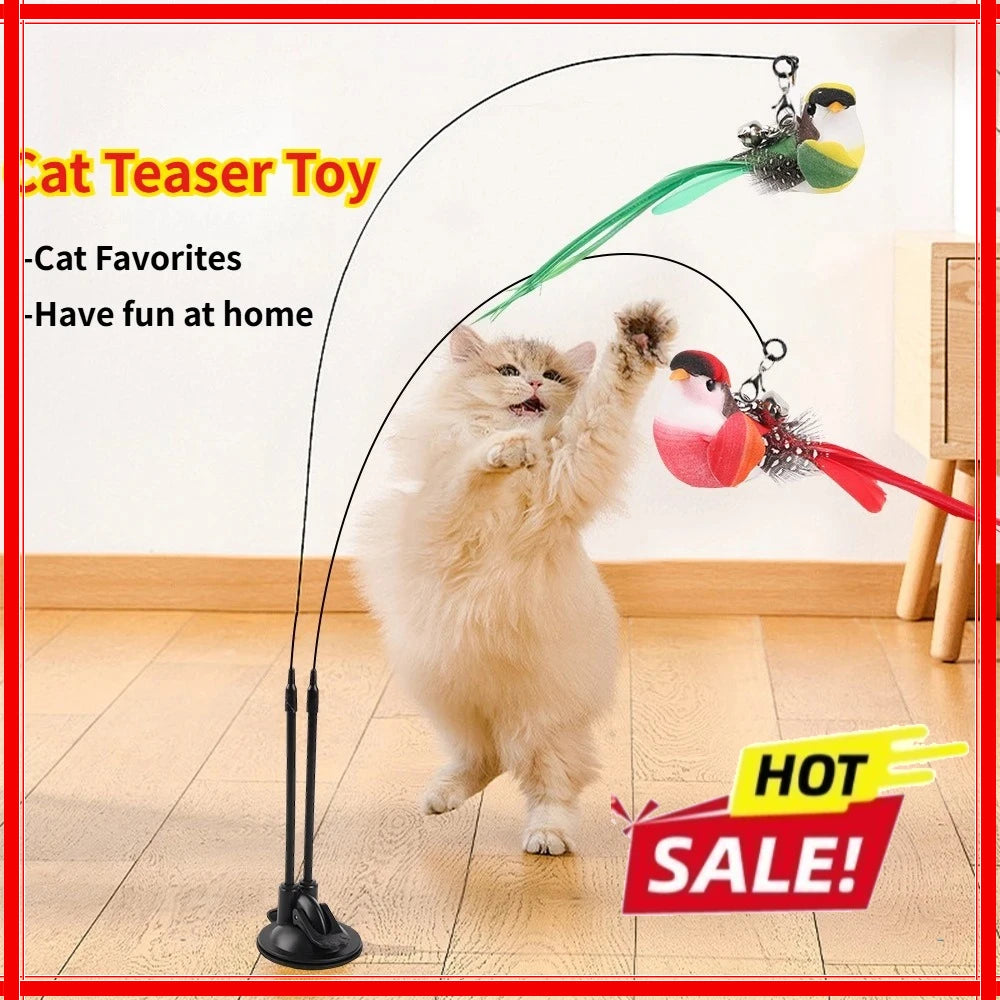 Interactive Cat Toy Handfree Cat Stick Playing Kitten Playing Teaser Wand Toy Suction Cup Bird/Feather Cat Wand Pet Supplies Zpaxo
