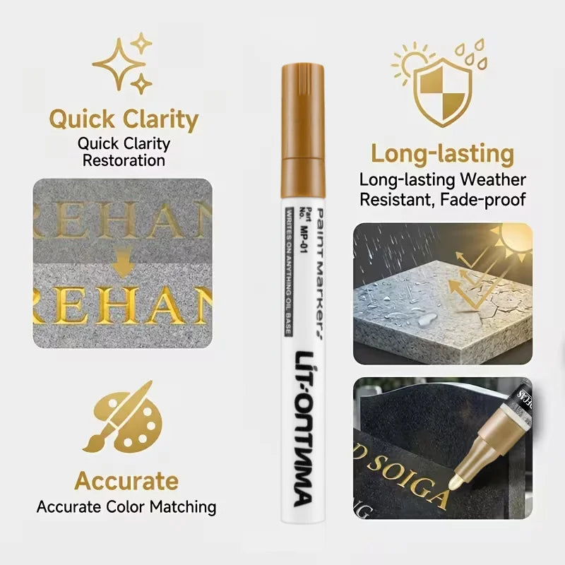1pc/2pcs Golden Tombstone Marker | Restores Text on Granite/Marble, Weather-Resistant Fine Tip Zpaxo