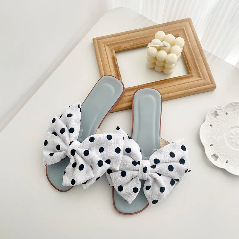 Slippers for Women 2025 Summer New Silk Bow Slippers Beach Shoes Vacation Flat Heel Sandals for Women Slippers Zpaxo polka dot blue 37-38