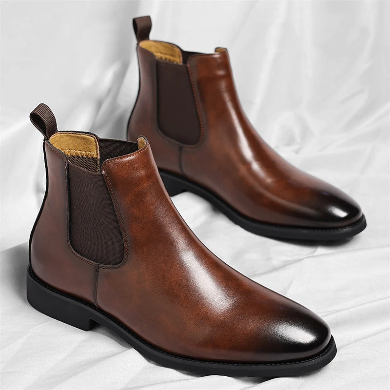 Mens Brown Chelsea Boots Leather Elastic Band Slip Ankle British Zpaxo