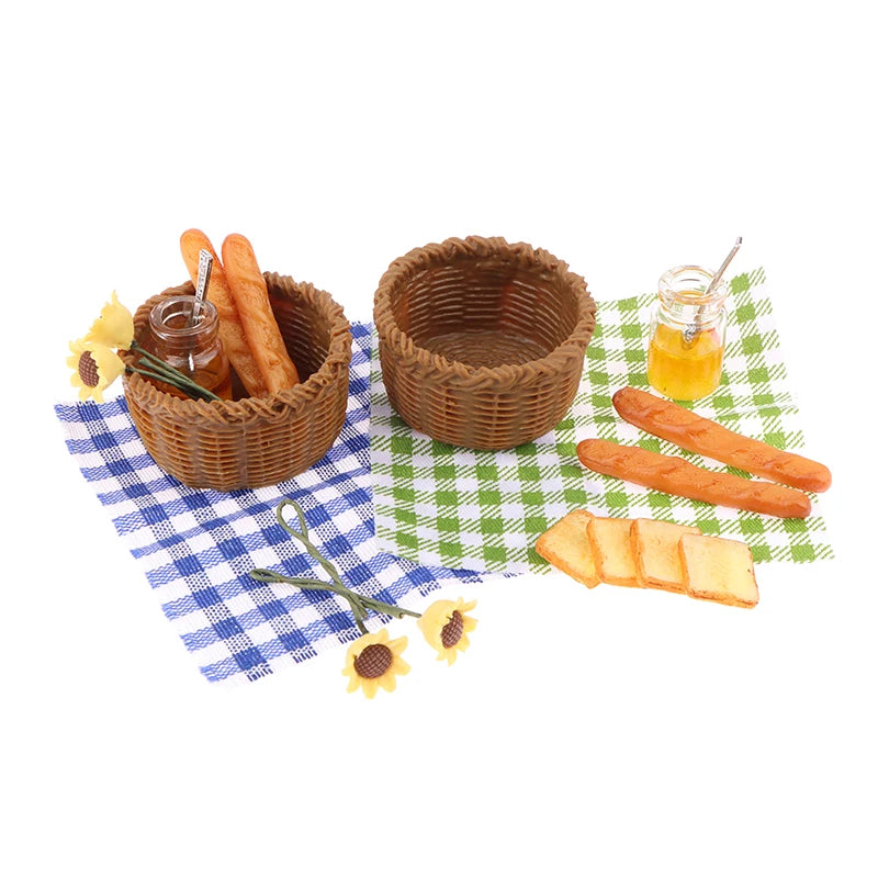▶1Set 1:12 Dollhouse Miniature Honey Bread Basket Fabric Picnic Basket Kitchen Model Decor Toy Doll House Accessories Zpaxo