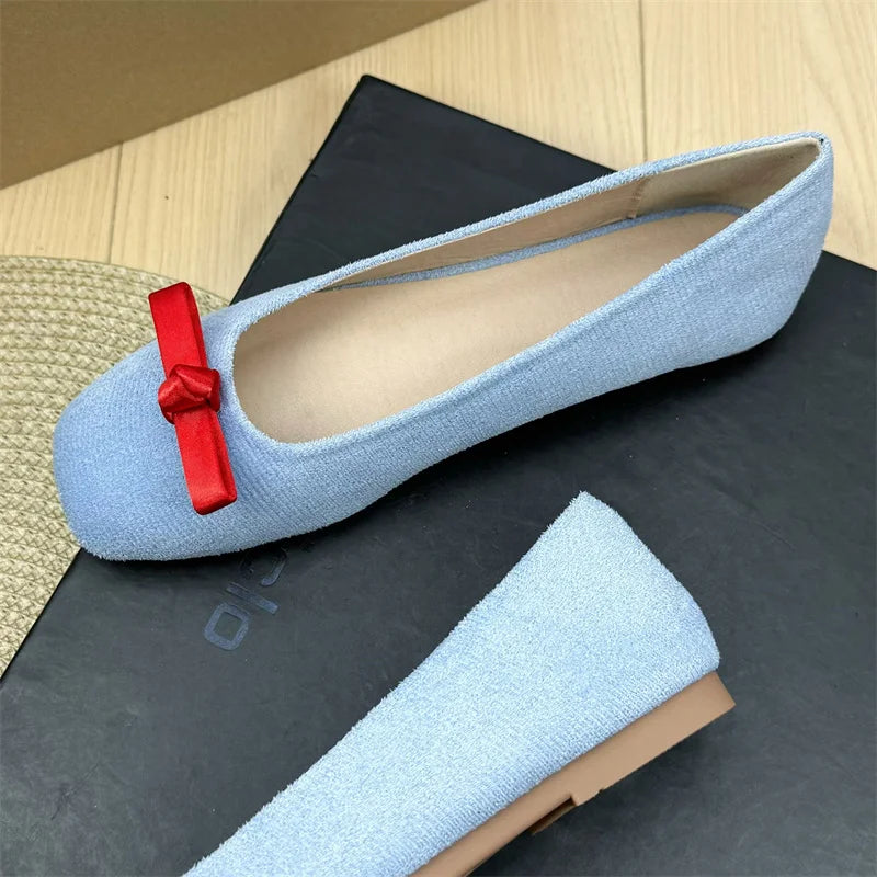 Flat Shoes Women 2025 Spring Autumn French Bow Square Toe Ballet Shoes Women Loafers Women Shoes Super Big Size 43 44 Zpaxo