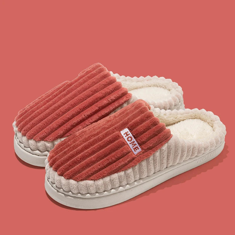 Cotton Slippers Women Men Winter Home Striped Warm Anti Slip Slides