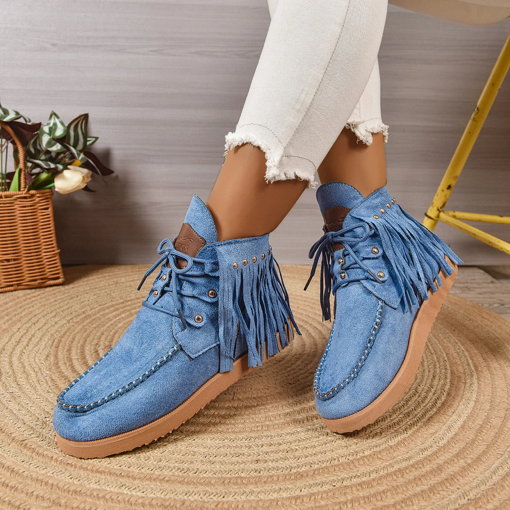 2025 New Women Ankle Boots Round Toe Snow Boots Ladies Retro Outdoor Casual Shoes Fringe Winter Comfortable Luxury Women Shoes Zpaxo Blue 36