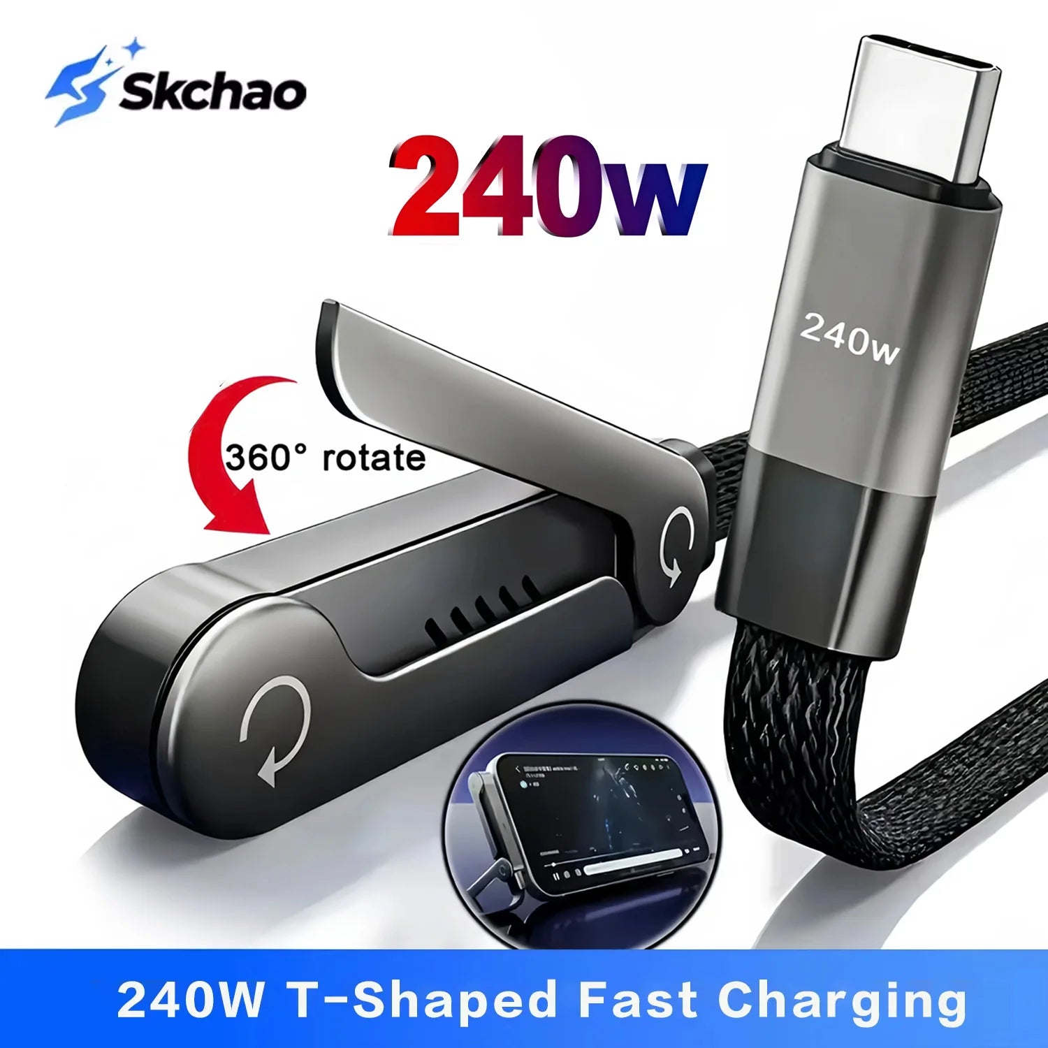 240W Fast Charging Type-C to Type-C Cable with Elbow Foldable Stand Phone Holder Compatible For iPhone 17/16/15 Samsung Zpaxo