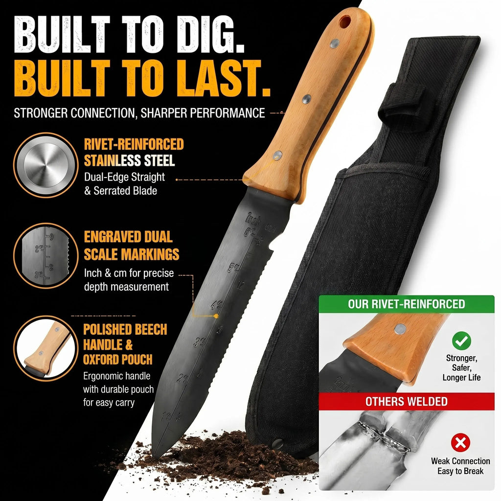 Garden Trowel Stainless Steel Hand Shovel Multi Use Serrated Edge Weeding Tool Dual Scale Rivet Reinforced Beech Wooden Handle Zpaxo