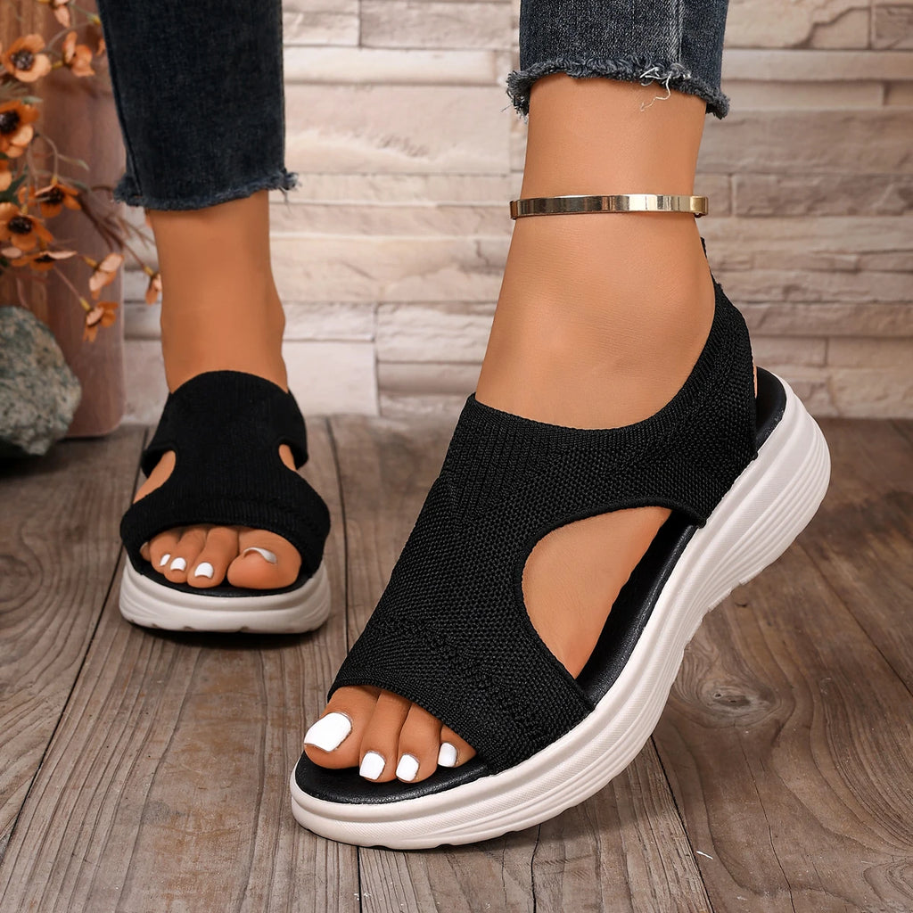 Women Sandals Low Heel with Durable Rubber Sole Shoes for Women Comfortable Slip-On Sandals Breathable Knit Open Toe Shoes Zpaxo Blue 40