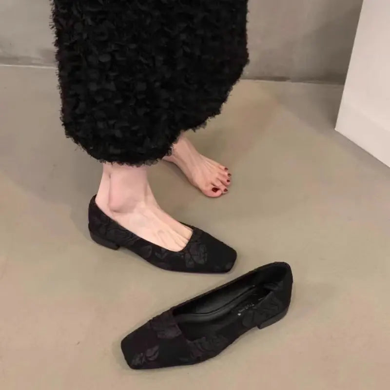 Flat Shoes for Women 2025 Spring Autumn New Retro Black Square Toe Mary Jane Ballet Shoes Loafers Women Big Size 42 43 44 Zpaxo