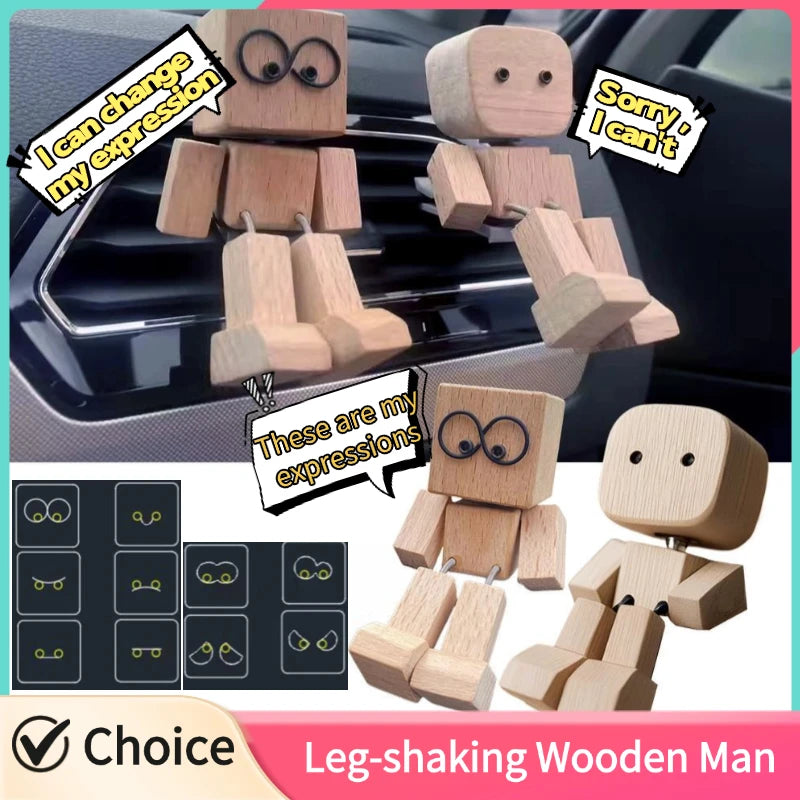 Leg-shaking Wooden Man Car Dashboard Decor Car Aromatherapy Ornaments Leg-swinging Robot Figurine Healing Gift Zpaxo