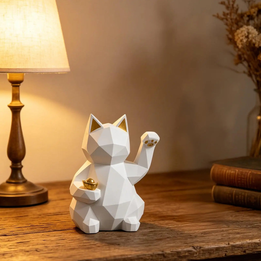 Luck Cat Geometric Resin Waving Desk Fortune Decor Home Office