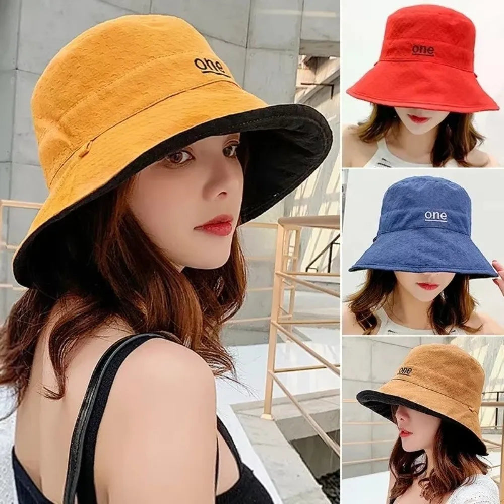 Fashion Double-Sided Bucket Hat Large Brim Sun Protection Panama Hat Letter Embroidery Breathable Sun Hat Zpaxo