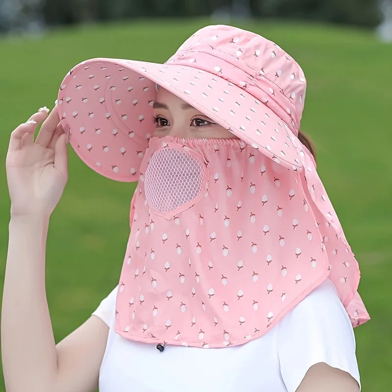Purple Floral Wide Brim Sun Hat Face Mask Lightweight Breathable UV