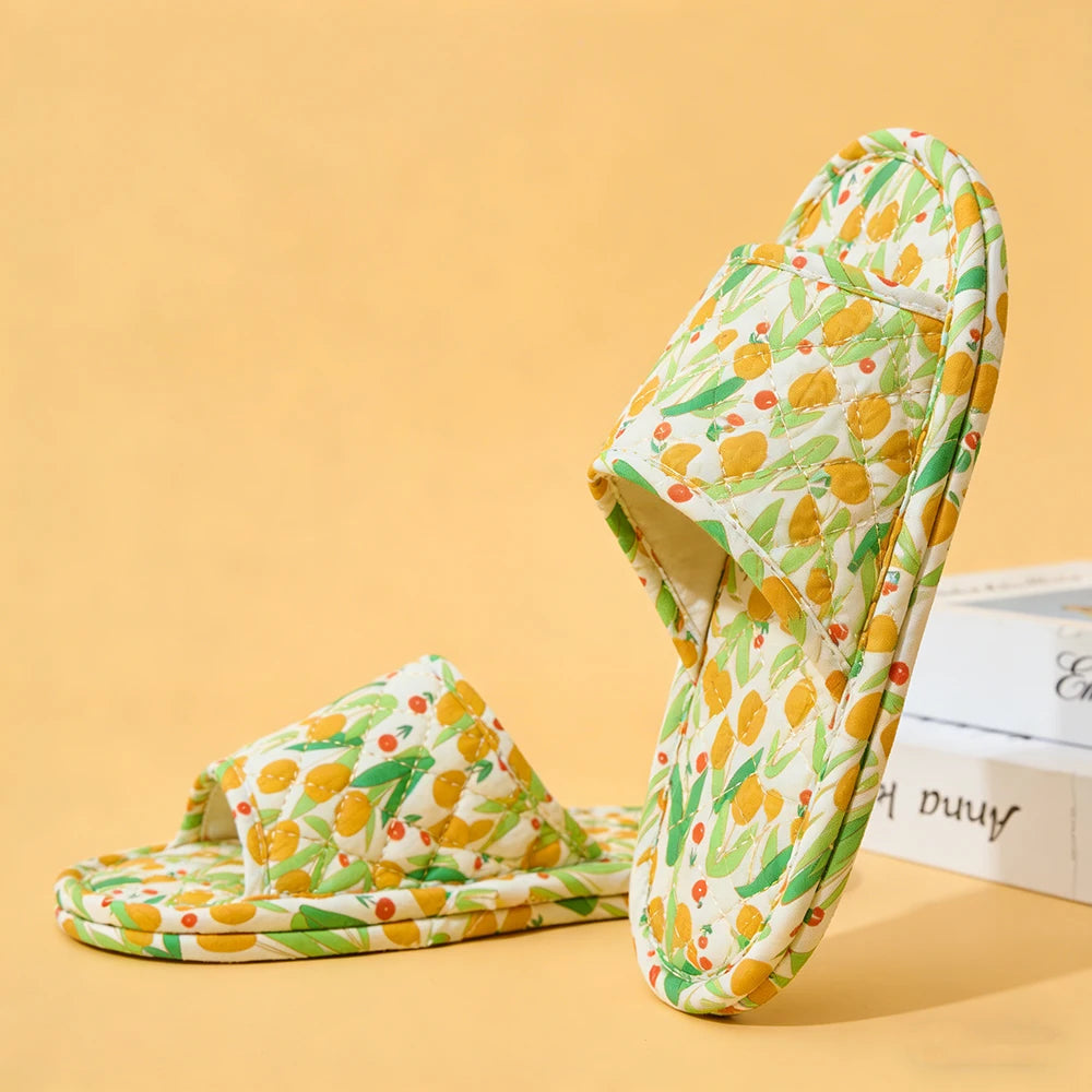 Summer Women Home Slippers Soft Cotton Floral Floor Shoes Antislip