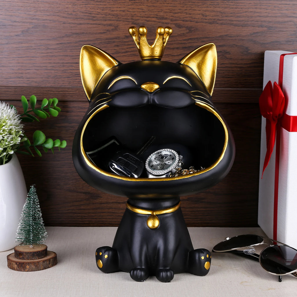 Storage Box Decor Candy Sundries Fortune Cat Resin Animal Sculpture