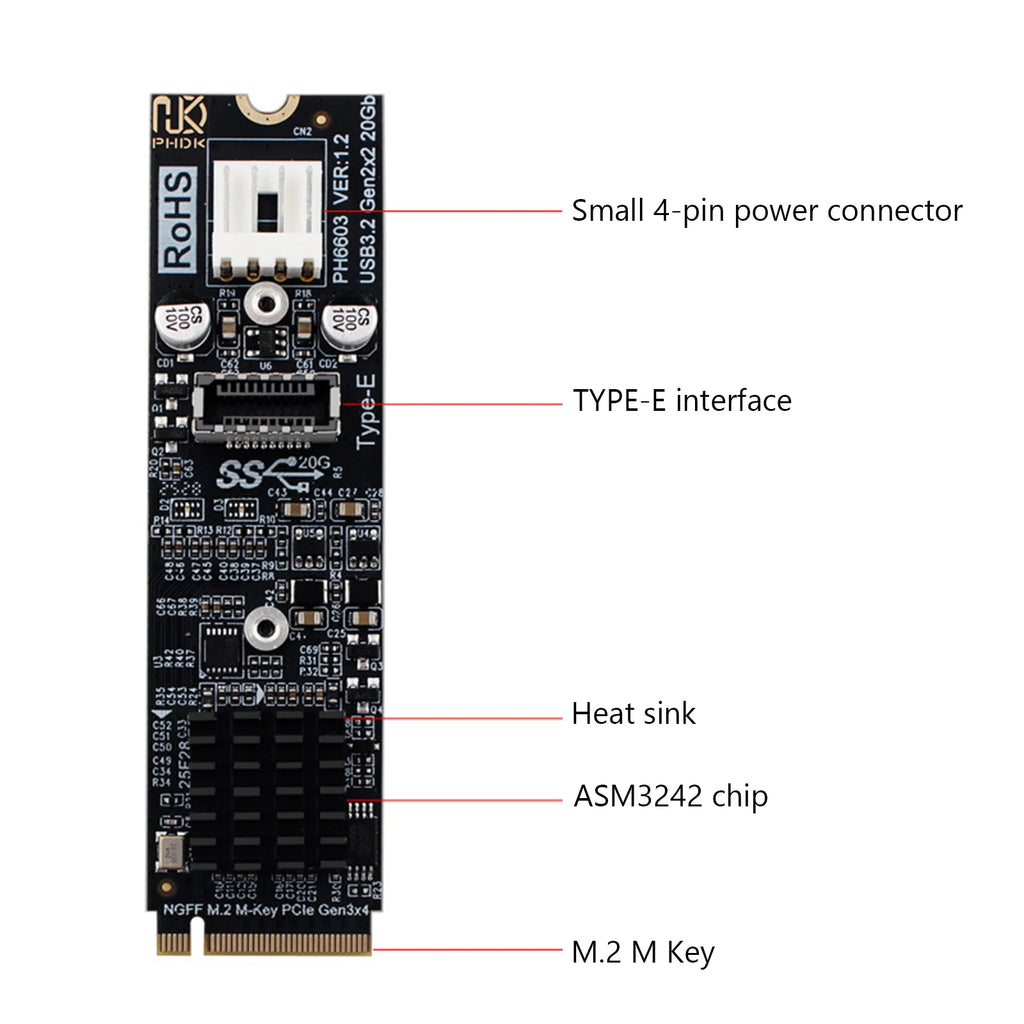 M 2 NVME MKEY USB3 Adapter 20Gbps Speed M2 Key PCIe Front Panel
