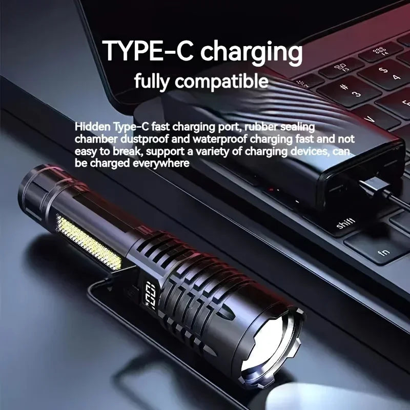 Rechargeable Zoom LED Tactical Flashlight with Display & Side Light