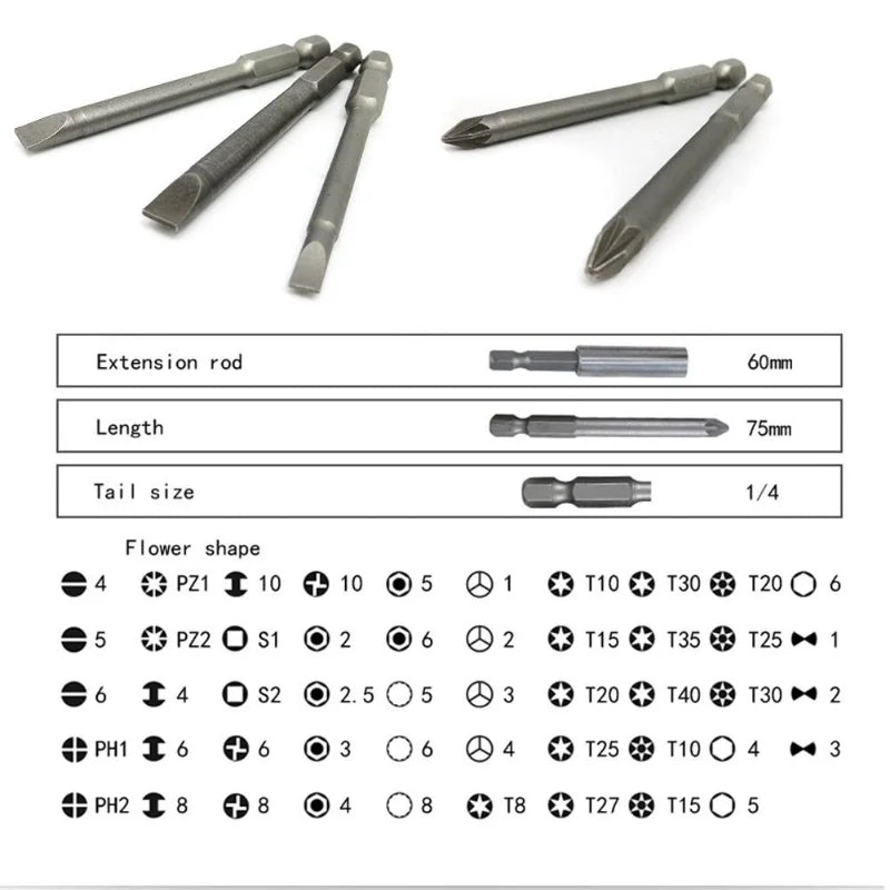 50 Extra Long Reach Bit Security Screwdriver Bits Torx Star Hex