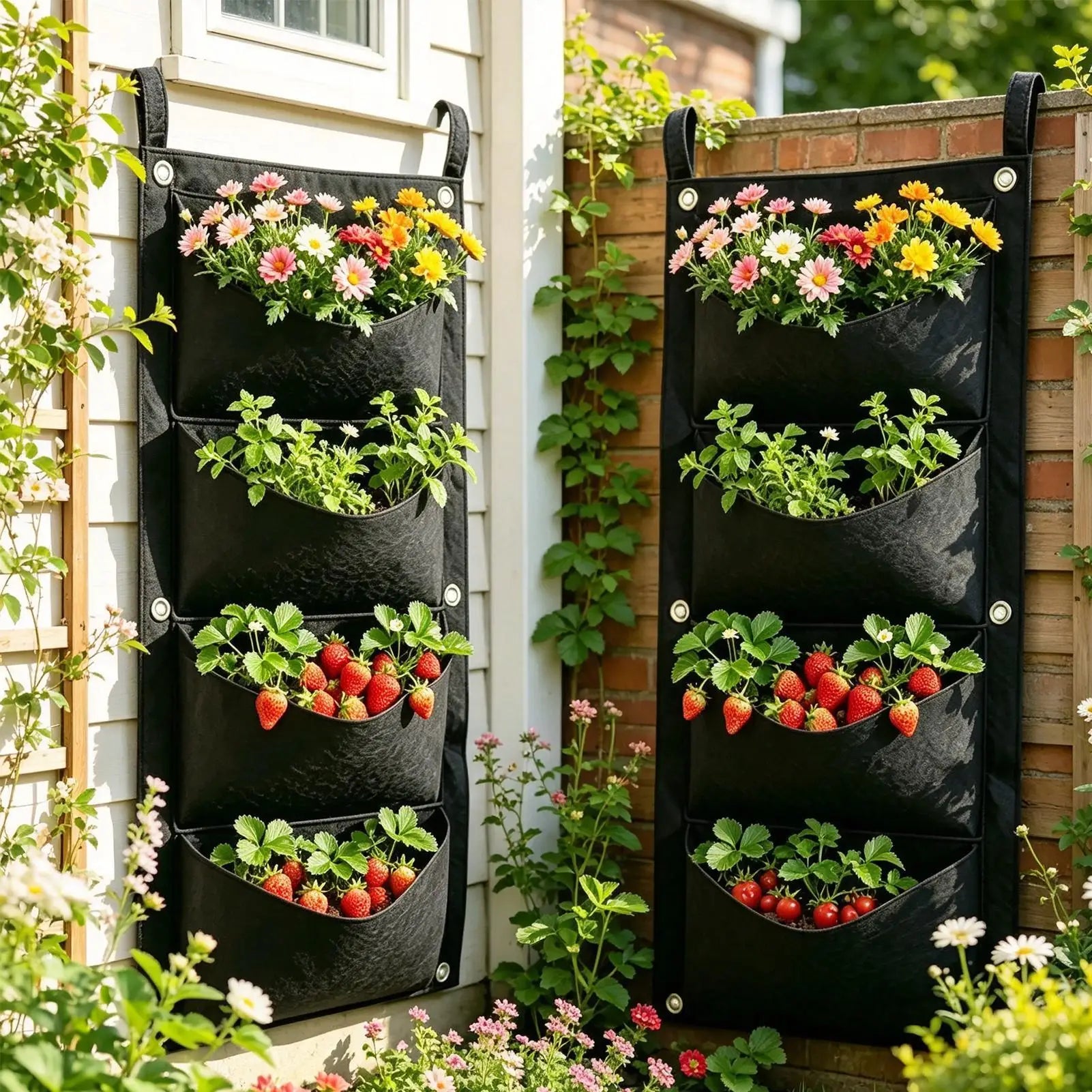 Strawberry Grow Bags Felt Pots Upside Down Strawberries Fence Wall