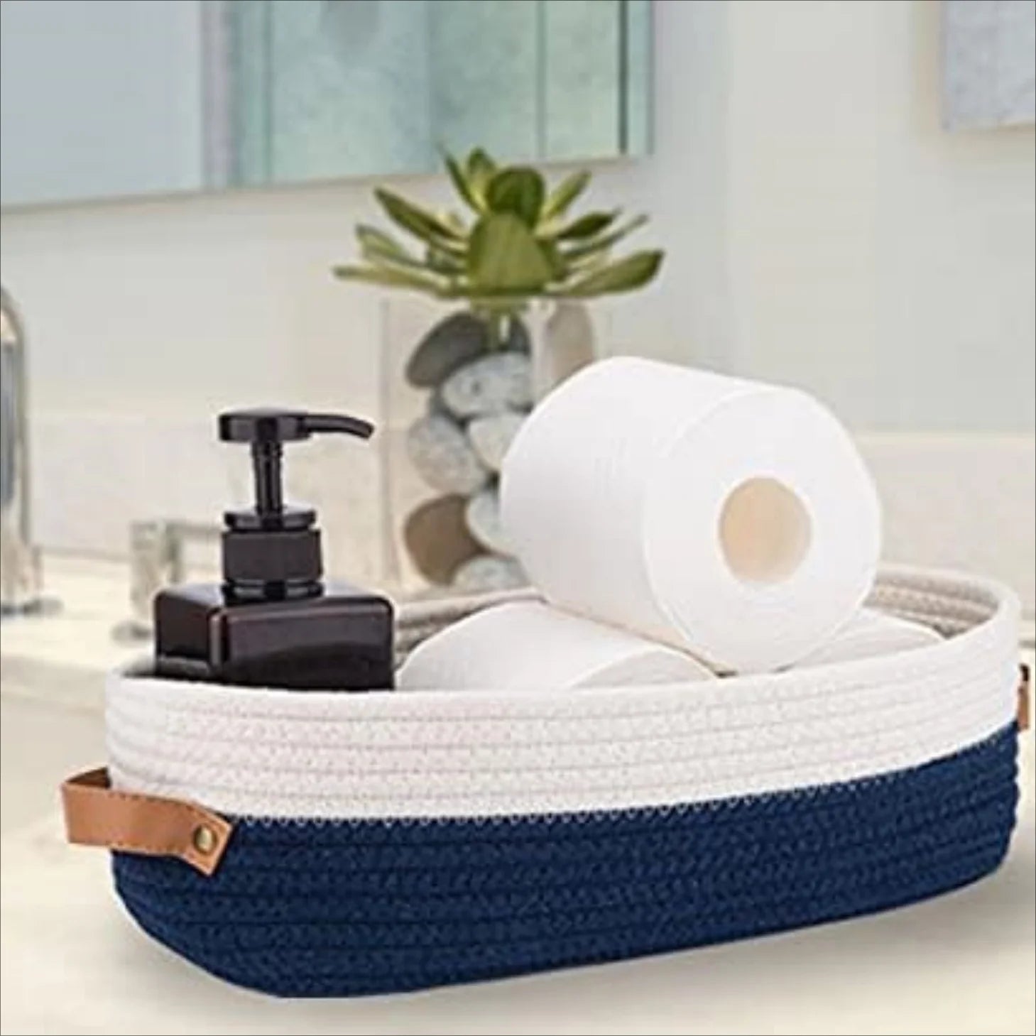 Oval Woven Bathroom Storage Basket, Multifunctional Desktop Organizer, Toilet Paper Holder, Toy Storage Basket Zpaxo blue white