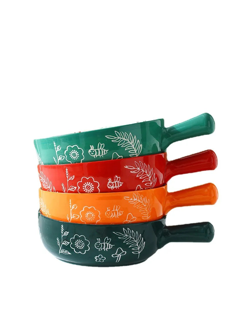 Japanese Cartoon Salad Ceramic Handle Bowl Noodles Bowl Cute Animal Pattern Handle Bowl Breakfast Creative Bureau Rice Bowl Zpaxo