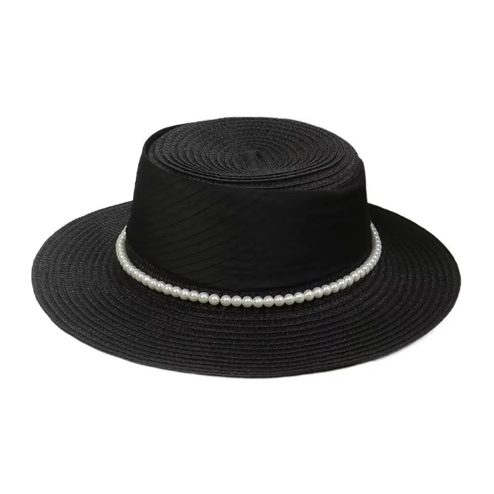 French Hepburn Style Straw Hat Straw Weaving UV Protection Pearl Chain Hat Solid Color Breathable Wide Brim Hat Travel Accessory Zpaxo