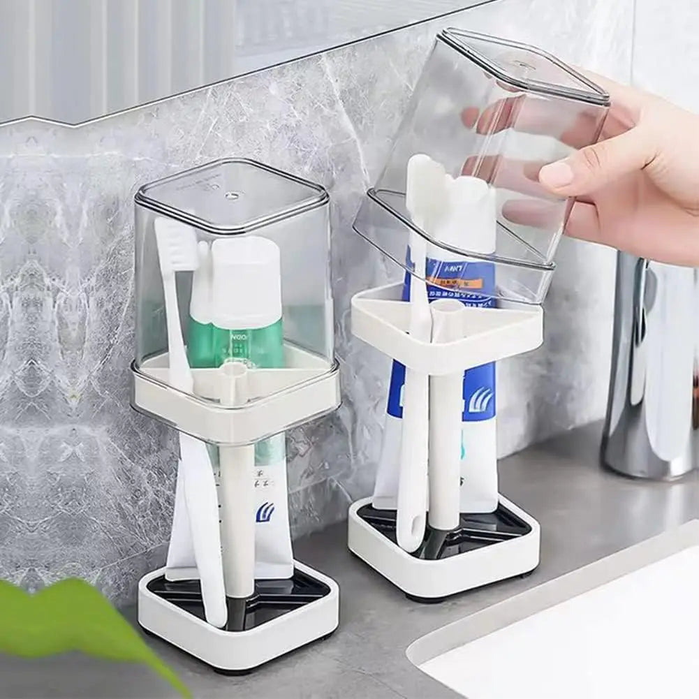 3-in-1 Countertop Toothbrush Holder with Cover & Toothpaste Slot