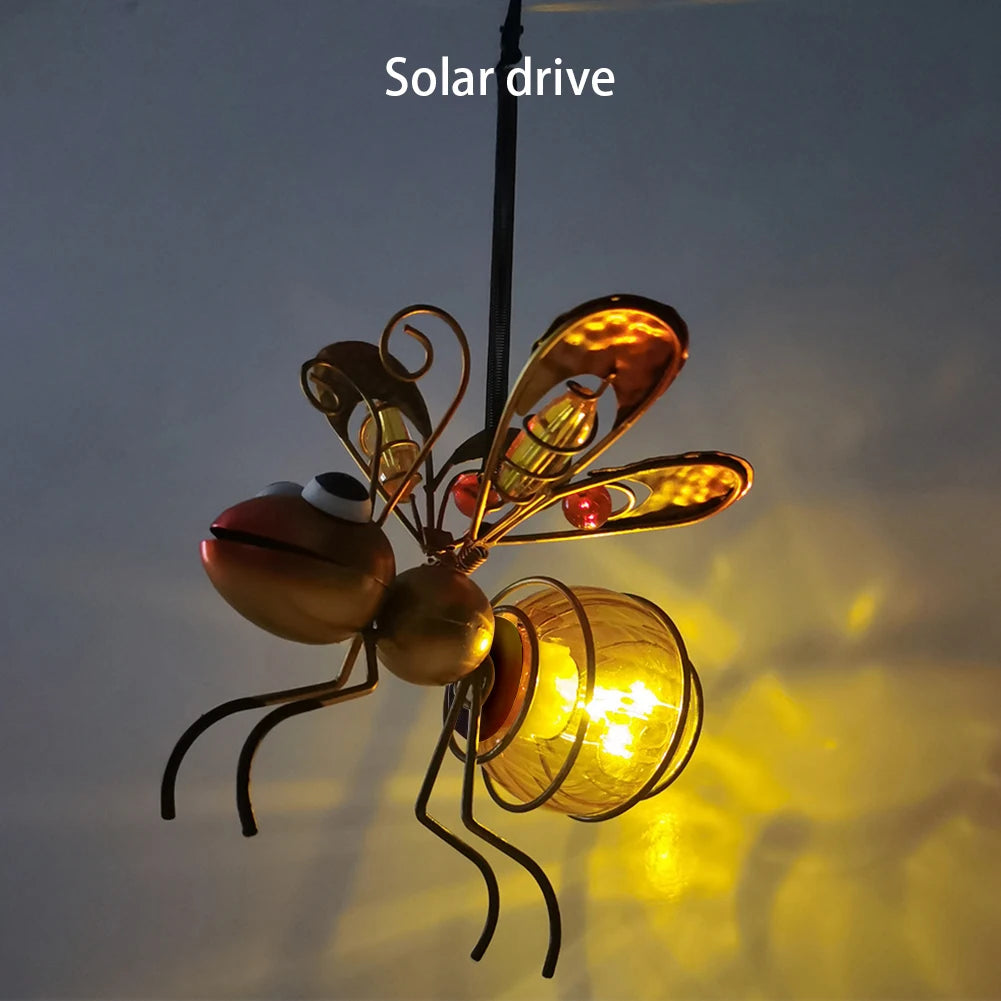 Metal Solar Bees Lantern Garden Decor LED Hanging Dragonfly Light