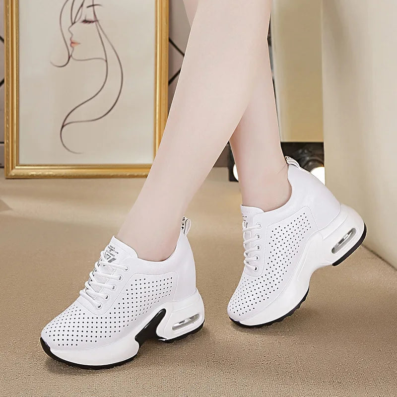 White Perforated Leather Wedge Sneakers Women Lace Up Design Round Zpaxo