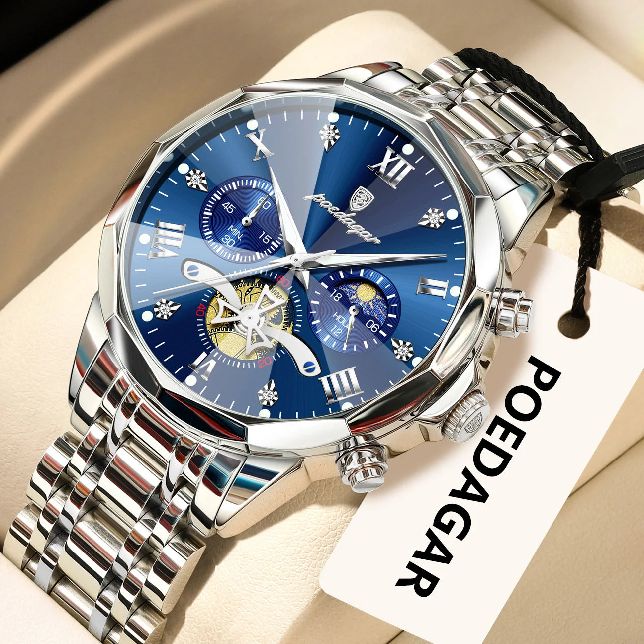 POEDAGAR Luxury Original Men Watch Waterproof Luminous Chronograph Man Wristwatch Stainless Steel Quartz Top Men's Watches Reloj Zpaxo 938 Silver Blue