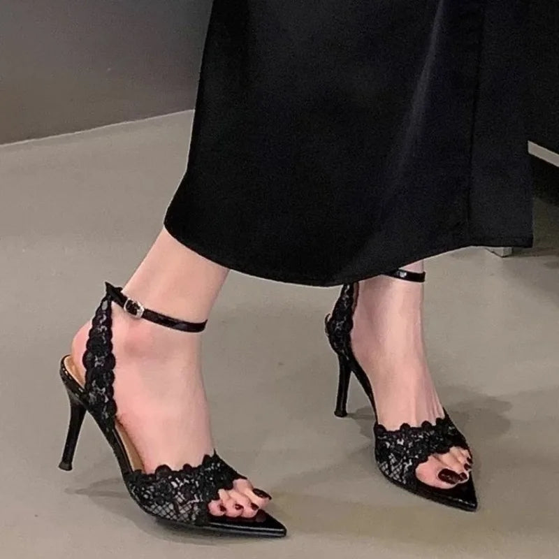 Luxury Lace Embroidery Sandals Women S Sexy Pointed Toe Heels Elegant Zpaxo black 36