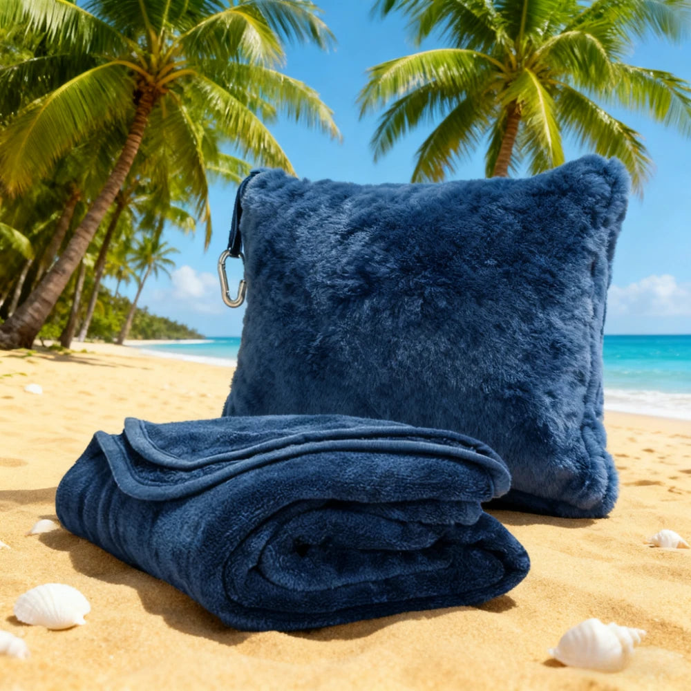 Flannel Travel Pillow Blanket 2-in-1, Double-Sided Coral Winter Warm Shawl for Airplane Office Nap, Portable Storage Embroidered Zpaxo