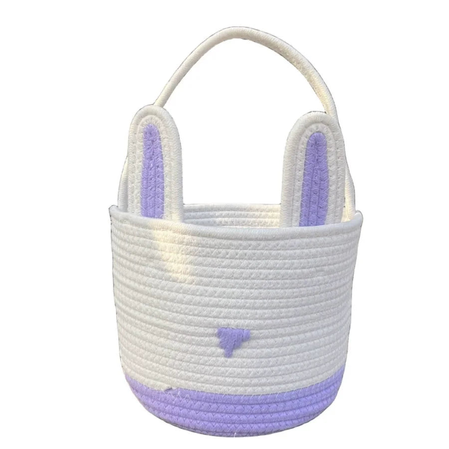 Easter Bunny Basket For Kids Boys Girls Easter Eggs Hunt Basket Reusable Cotton Rope Basket With Rabbit Ears Baby Shower Gifts Zpaxo Purple White