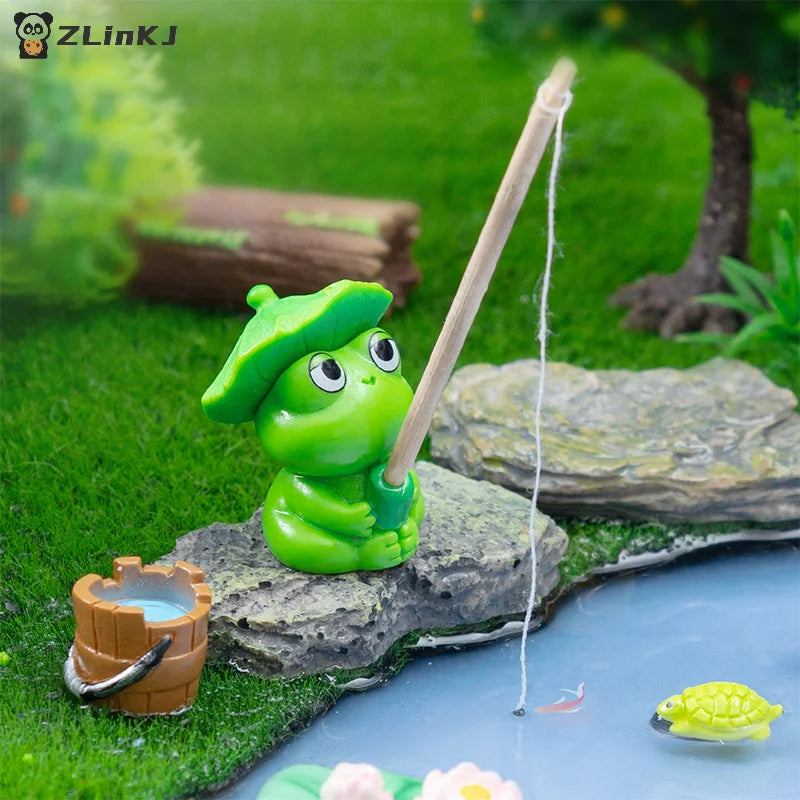 ▶Fishing Frog Panda Figurines Ornament Creative Cartoon Animal Figure Doll Fish Tanks Aquarium Hangable Decor Desktop Decoration Zpaxo