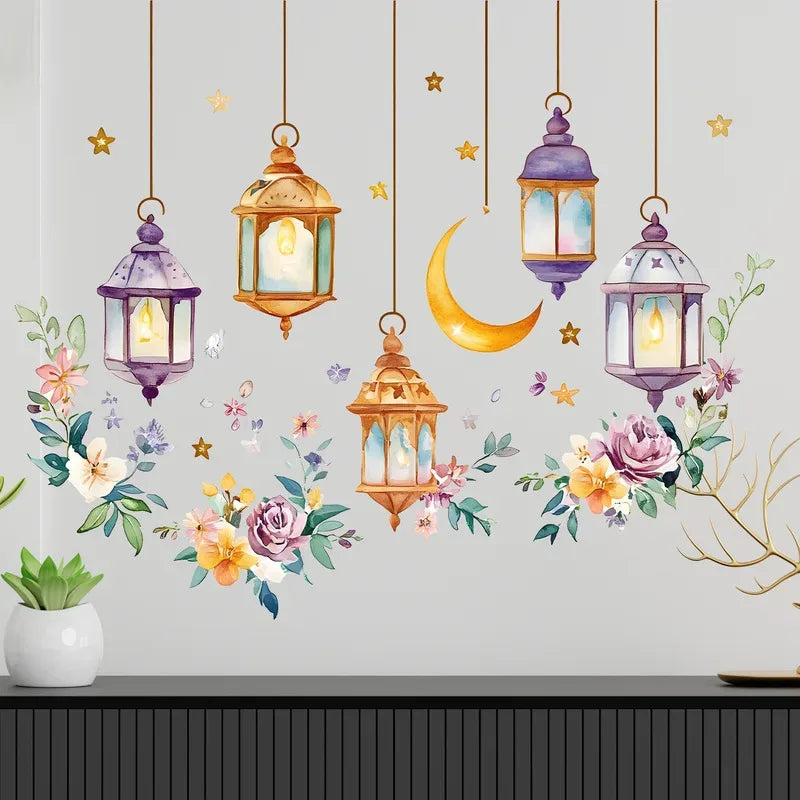 Eid Al Fitr Watercolor Plant Flower Star Moon Wall Stickers Ramadan